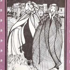 May include: A vintage sewing pattern from Folkwear, pattern number 207, for a Kinsale Cloak. The pattern features a black and white illustration of two people wearing cloaks, standing in front of a castle.