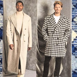 May include: Vogue Patterns sewing pattern featuring two coat designs. One coat is a long, double-breasted style in a neutral color. The other is a shorter, double-breasted coat in a black and white checkered pattern. The pattern includes sizing information.