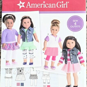 May include: A Simplicity sewing pattern for American Girl dolls. The pattern features illustrations of four different outfits. The cover is primarily pink and white, with the words "American Girl" and "Simplicity" prominently displayed.