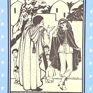 May include: A light blue FOLKWEAR pattern book with a Moroccan Burnoose illustration. The cover features a black and white drawing of people in traditional clothing, a camel, and buildings. The book has a white polka dot pattern.