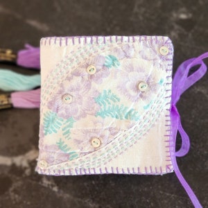Floral Quilted Needle Book with Slow Stitch, 3-1/2&quot; x 3-1/2&quot;, Travel Size, Lovely Needle Book From Repurposed Quilt Pieces
