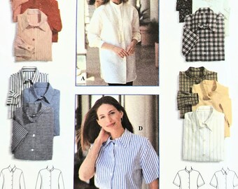 Women's Front Button Shirt Pattern, UNCUT, Simplicity 9818, Size 6-10, Loose-fitting, Shirttail Hem, Pleated Sleeve Option
