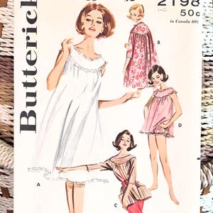 May include: Vintage Butterick sewing pattern featuring illustrations of women's sleepwear. The pattern includes a white nightgown, a pink floral robe, a pink sleep set, and a striped top with red pants. The pattern size is 18, bust 38.