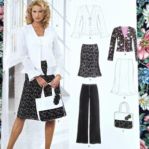May include: A New Look sewing pattern featuring a woman modeling a white blouse, black skirt, and tote bag. The pattern includes illustrations of a jacket, skirt, pants, and bag. The pattern's text is in English, French, and Spanish.