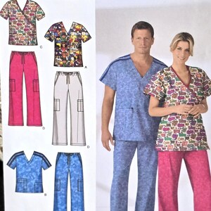 May include: Simplicity sewing pattern featuring scrubs. The pattern includes illustrations of various scrub tops and pants in different colors and patterns. The package has the number 4378 and the text "easy-to-sew".