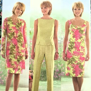 May include: A Butterick sewing pattern, B4068, featuring three different garment designs. The garments include a long-sleeve dress, a sleeveless top and pants set, and a sleeveless dress. Each design is shown in a floral print on a light yellow background.