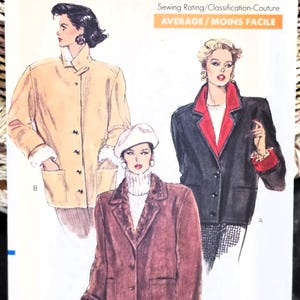Vogue Jacket Pattern, UNCUT, Vogue 7595, Size 6-10, Very Loose-fitting, Lined, Two Lengths and Collar Variations, 80&#39;s Vogue Coat Pattern