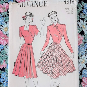 40s Tailored Dress Pattern, Advance Pattern 4616, Size 15, Dress - Tailored, Fitted Short Jacket and Full Skirt