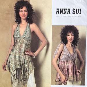 May include: A sewing pattern for a sleeveless top with a V-neckline and a ruffled hem. The pattern is by Anna Sui and is for sizes 12-14-16-18. The pattern is called V2968.