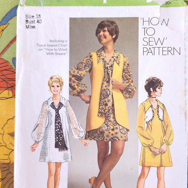 70s Mini Dress Pattern, Simplicity 9182, Size 18, Vest, Bolero, Mini Dress and Scarf