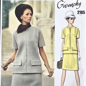 Modèle de robe Givenchy années 60, non découpé, Vogue 2105, taille 16, haut ample avec fermeture à glissière sur le devant et manches kimono, jupe fine à pinces