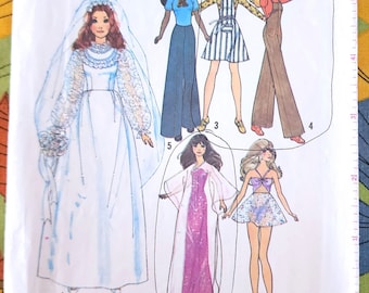Doll Clothes Pattern, Simplicity 7210, Fits Barbie (11.5"), 70's Wedding Dress, Strapless Gown, Jumper Dress, Overalls,