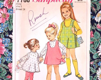 Girl Jumper Dress Pattern, Simplicity 7788, Size Girls 5, 60s Girl's Slip Dress & Jumper