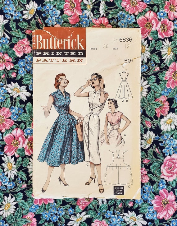 Vintage Butterick Vintage Dress Pattern Sewing Pattern Size 12 50s Wrap Dress Pattern Butterick 6836