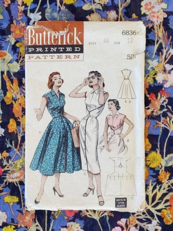 Vintage Butterick Vintage Dress Pattern Sewing Pattern Size 12 50s Wrap Dress Pattern Butterick 6836