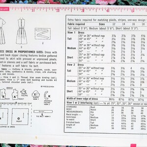 May include: A vintage sewing pattern for a one-piece dress in sizes 12 to 20. The pattern includes instructions for two different styles: one with short sleeves and a self-fabric tie belt, and one sleeveless with a self-fabric tie belt. The pattern also includes a fabric requirement chart for different dress lengths and fabric widths.