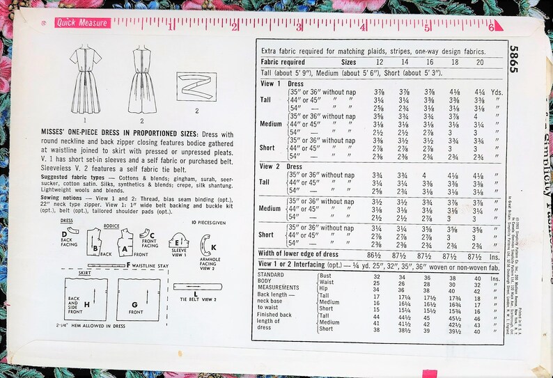 May include: A vintage sewing pattern for a one-piece dress in sizes 12 to 20. The pattern includes instructions for two different styles: one with short sleeves and a self-fabric tie belt, and one sleeveless with a self-fabric tie belt. The pattern also includes a fabric requirement chart for different dress lengths and fabric widths.