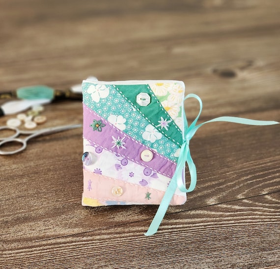 Embroidered Needle Book from Fan Quilt with Pocket, 4" x 3.3", Rescued Quilt Piece