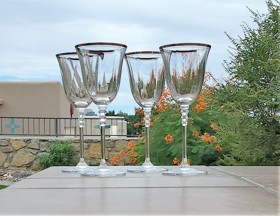 Vintage Wine Glasses, Four (8-1/4") Crystal Mikasa Sonata Water Glasses with Platinum Band
