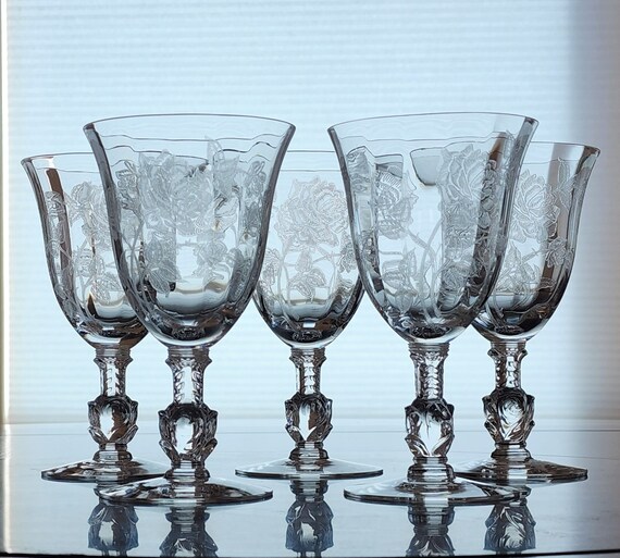 6 Fostoria Crystal Wine Glasses - Heisey Orchid Etch – Anything