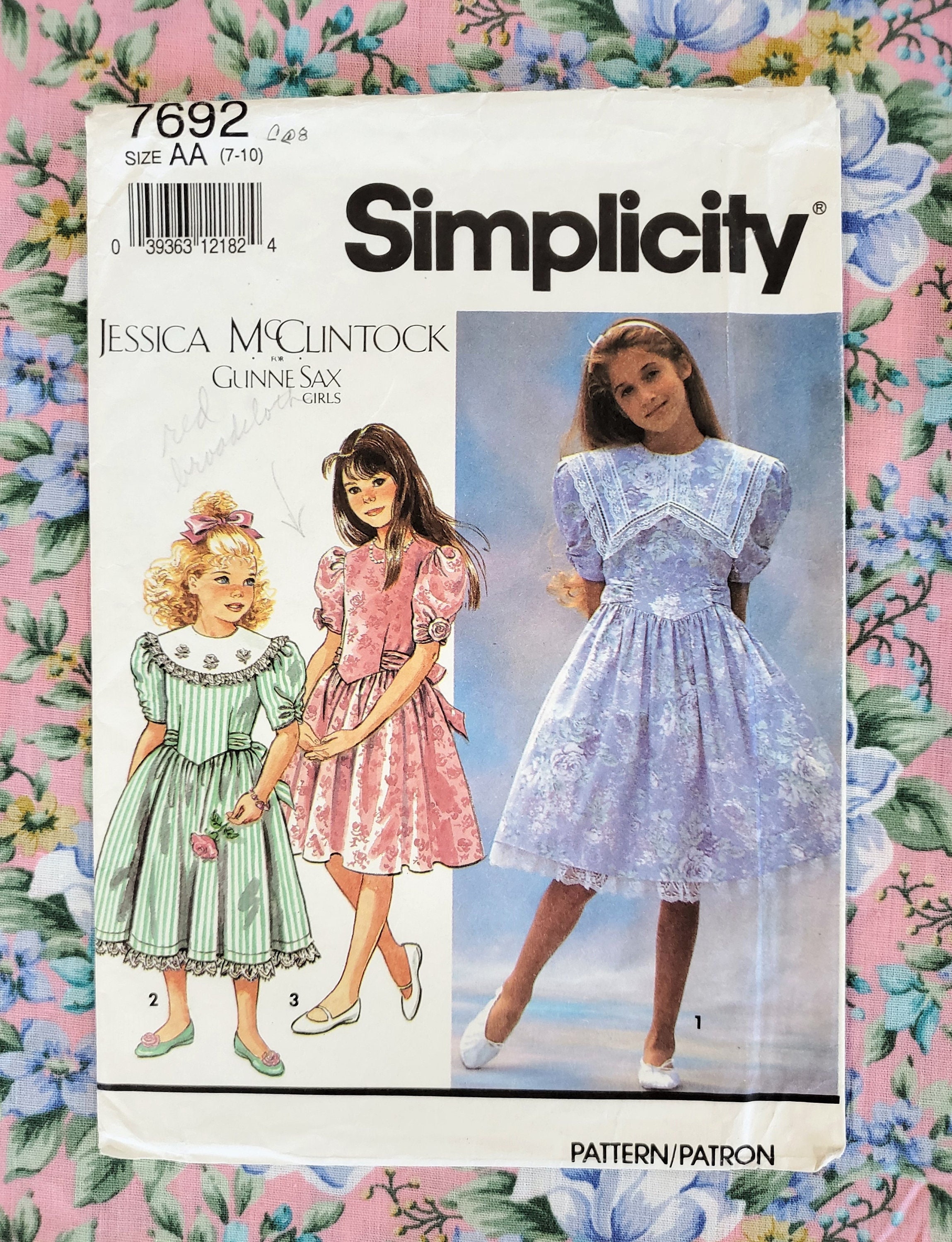 Girl Gunne Sax Pattern, Simplicity 7692, Girl Size 7-8, 90s