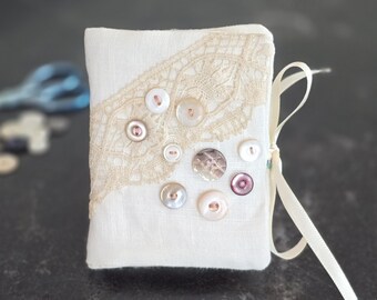 Handmade Needle Book with MOP Buttons & Lace, 4.3"x 3.3"