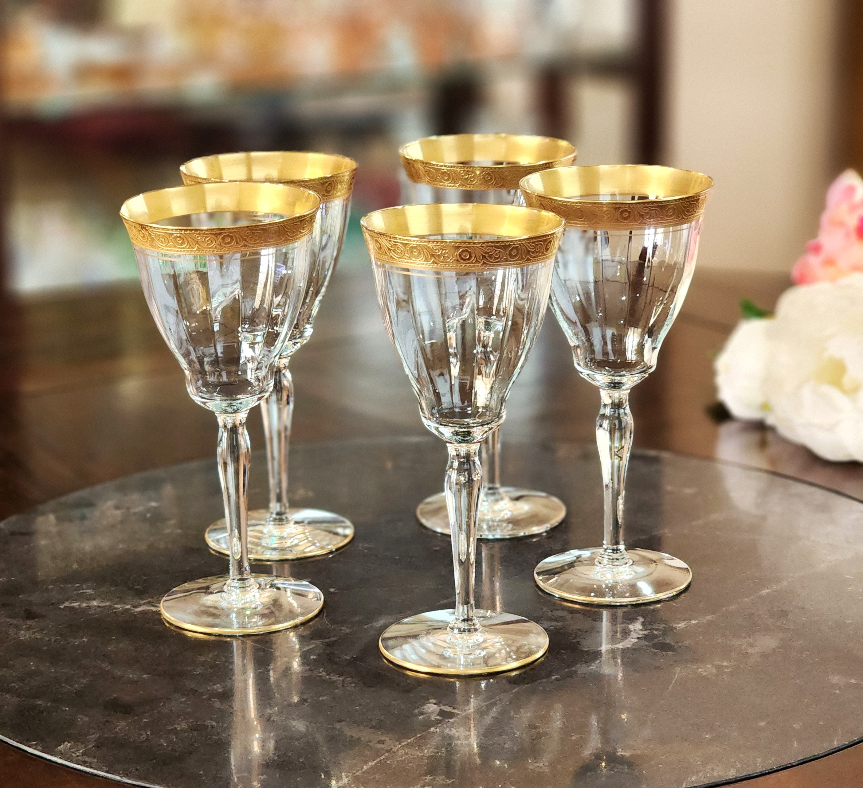 Vintage Modern Clear Gilt Tiffin Glass Wine Glasses - Set of 6