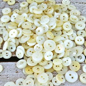 May include: A pile of white and cream colored mother of pearl buttons with two holes each.
