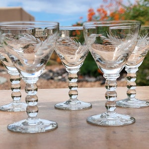 Cordial Glasses, Seven (3-3/8&quot;) Liqueur Glasses: Bubble Stem and Etched Wheat Bowl