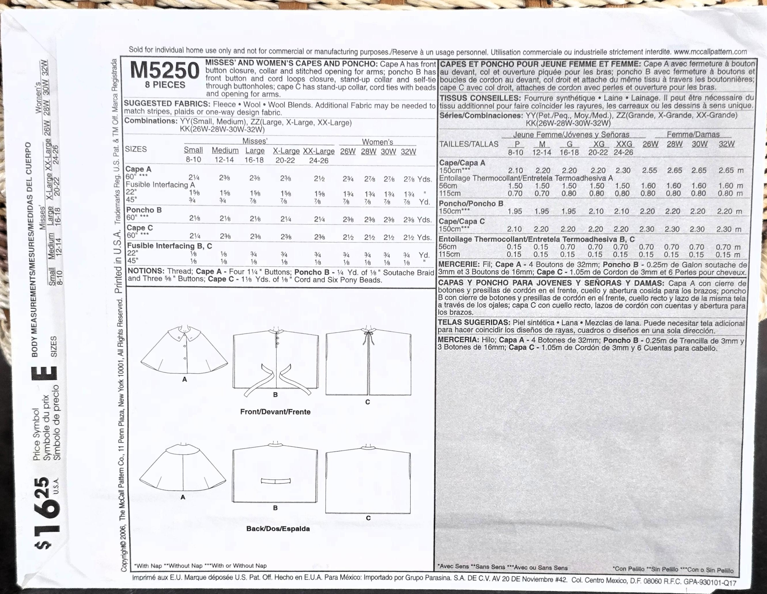 Poncho & Cap Pattern, UNCUT, Mccalls 5250, Size S-M, Cape Front Button ...