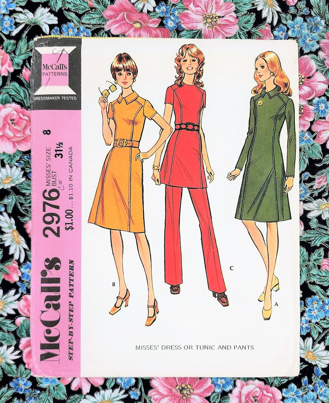 70s Dress Pattern, Mccall's 2976, Size 8, Semi-fitted Dress or Tunic ...