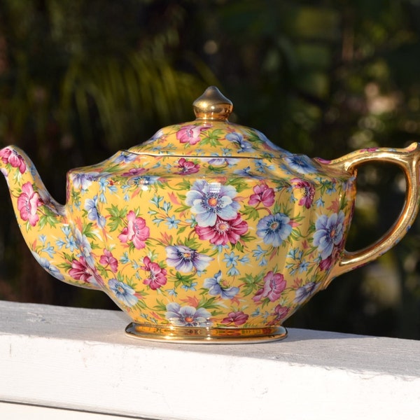 RESERVED --Vibrant "Sophie" Pattern Chintz James Sadler Teapot, Vibrant Yellow Chintz Pattern, Bright Yellow  Sadler Teapot
