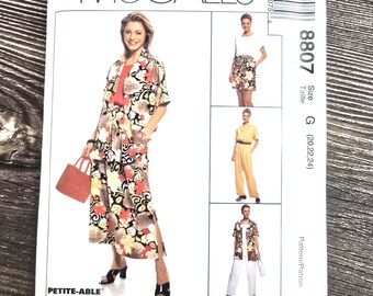 Vacation Clothes Pattern, UNCUT, McCall's 8807, Size 20-24, Over Shirt, Top, Pull-on Skirt, Pants and Shorts