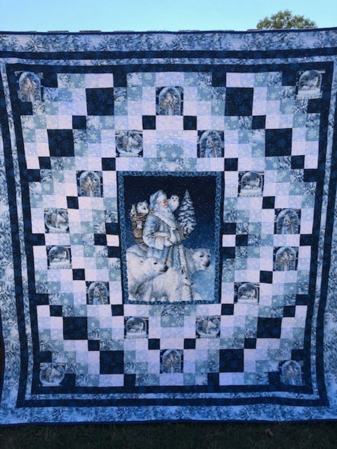 Christmas Quilt Old Time Santa Quilt Santa Blue and White Etsy