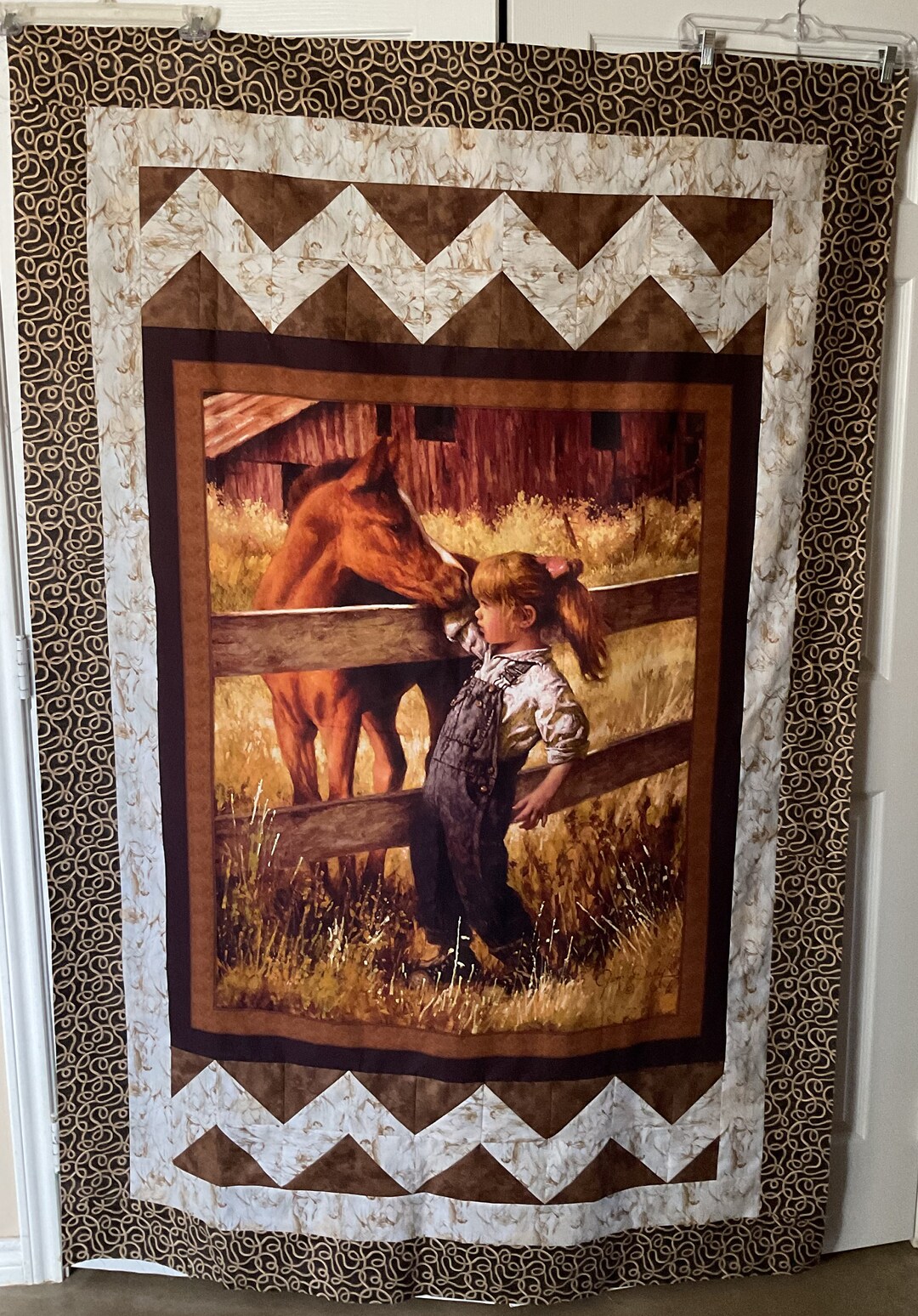 Horse Lovers Quilt, Brown Horses, Little Girl and Horse, Sniff Horse Etsy