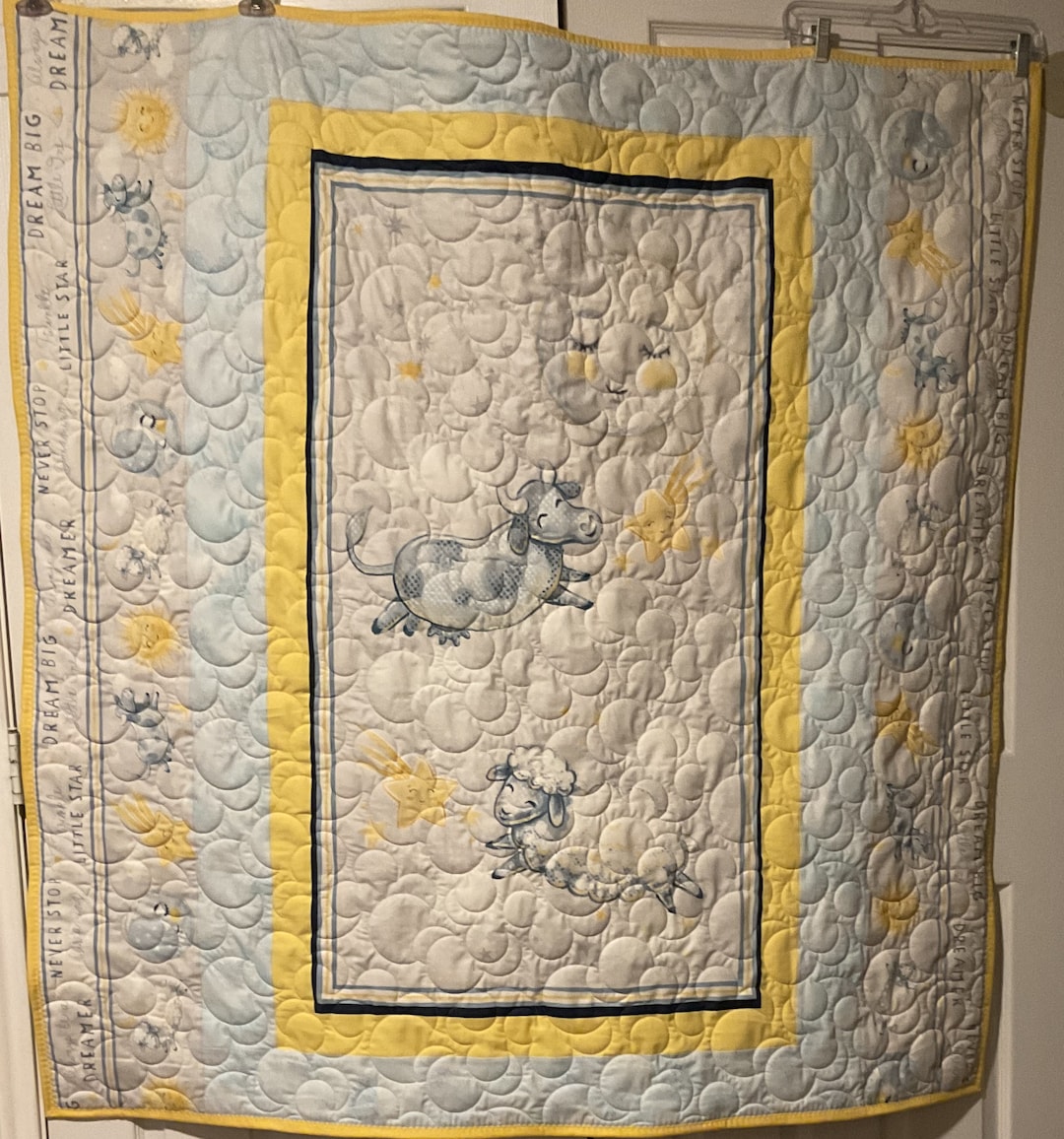 Baby Quilt, Blue Quilt, Over the Moon, Quilt, Toddler Quilt, Cow Quilt