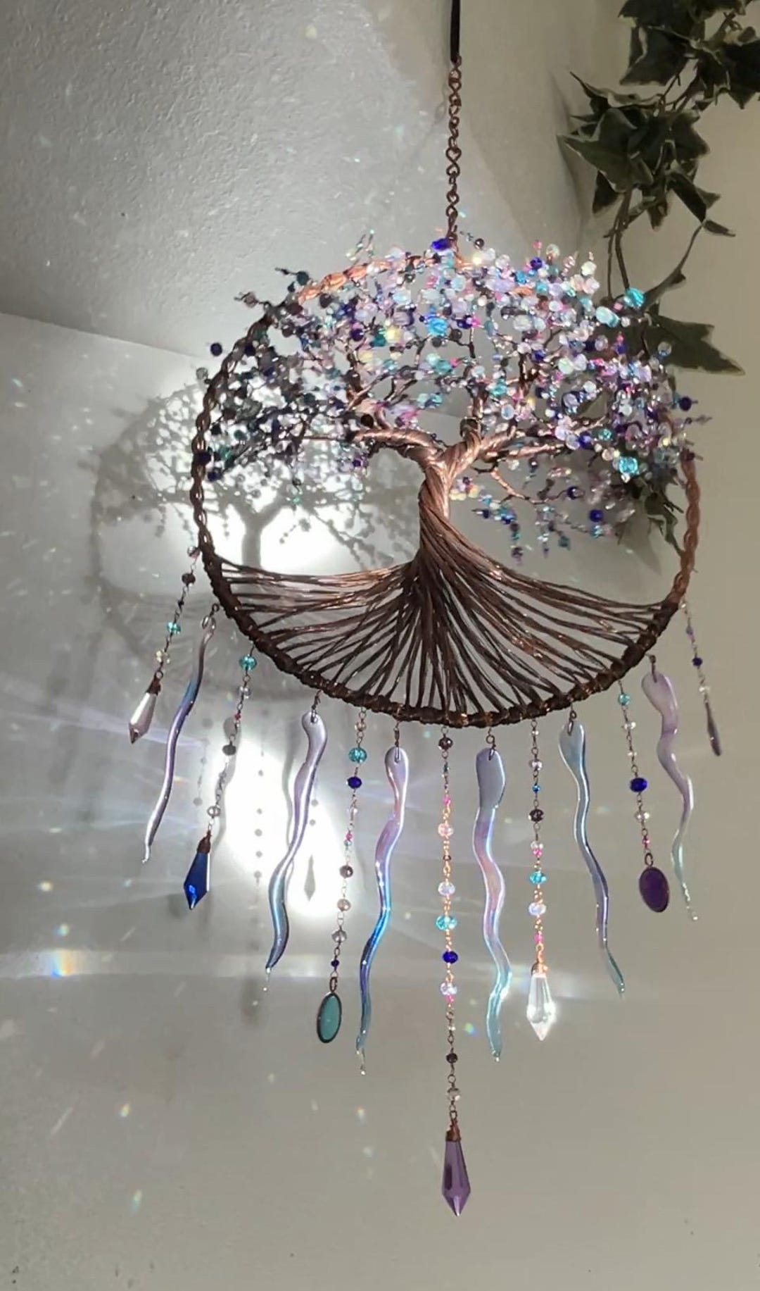 Large Copper Tree of Life Suncatcher: Beaded Wire Sculpture