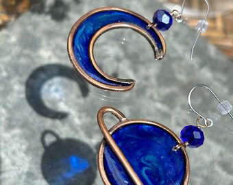 Celestial earring set, copper jewelry, crescent moon