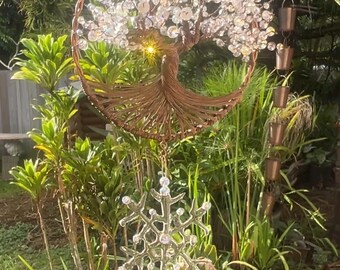 Copper Wire Tree of Life Suncatcher, Crystal Beads, Upcycled Art, Garden Decor, Snowflake Charm