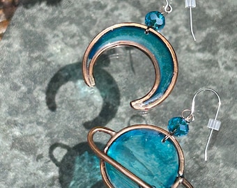 Celestial earring set, copper jewelry, crescent moon