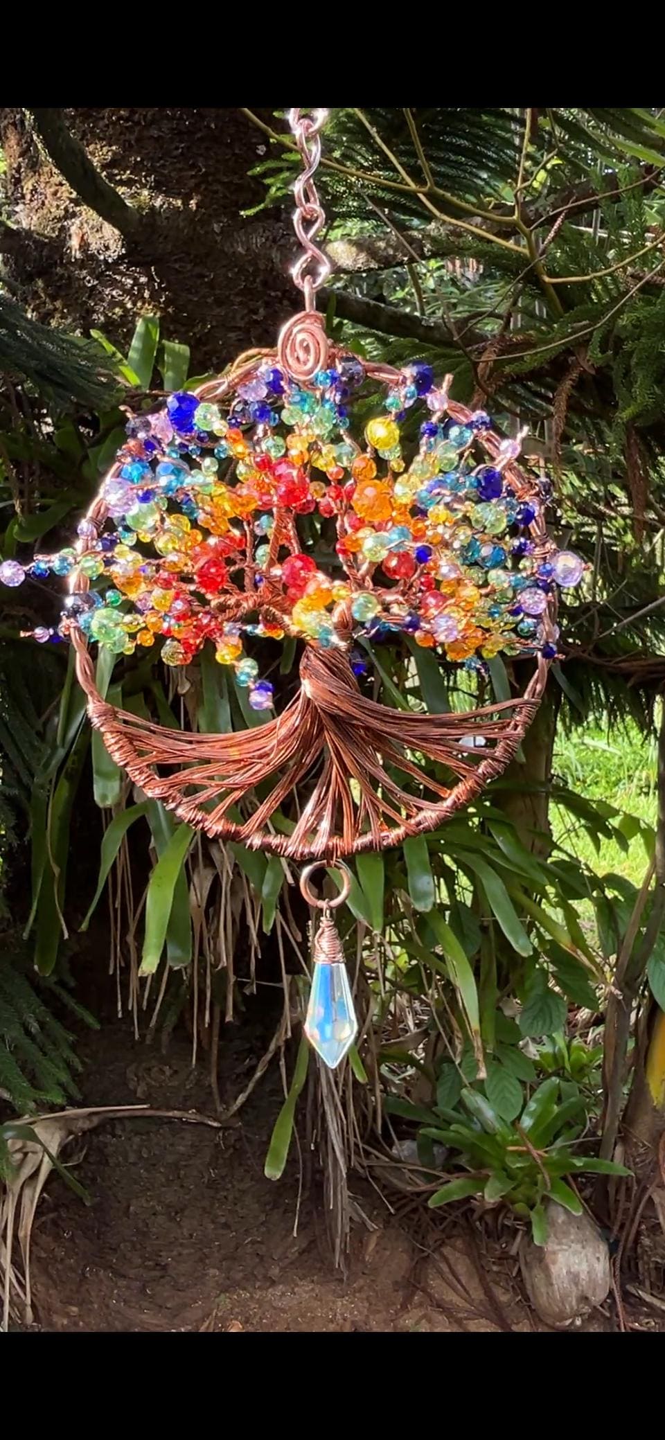 Rainbow Crystal Tree of Life Suncatcher: Upcycled Copper Wire Art