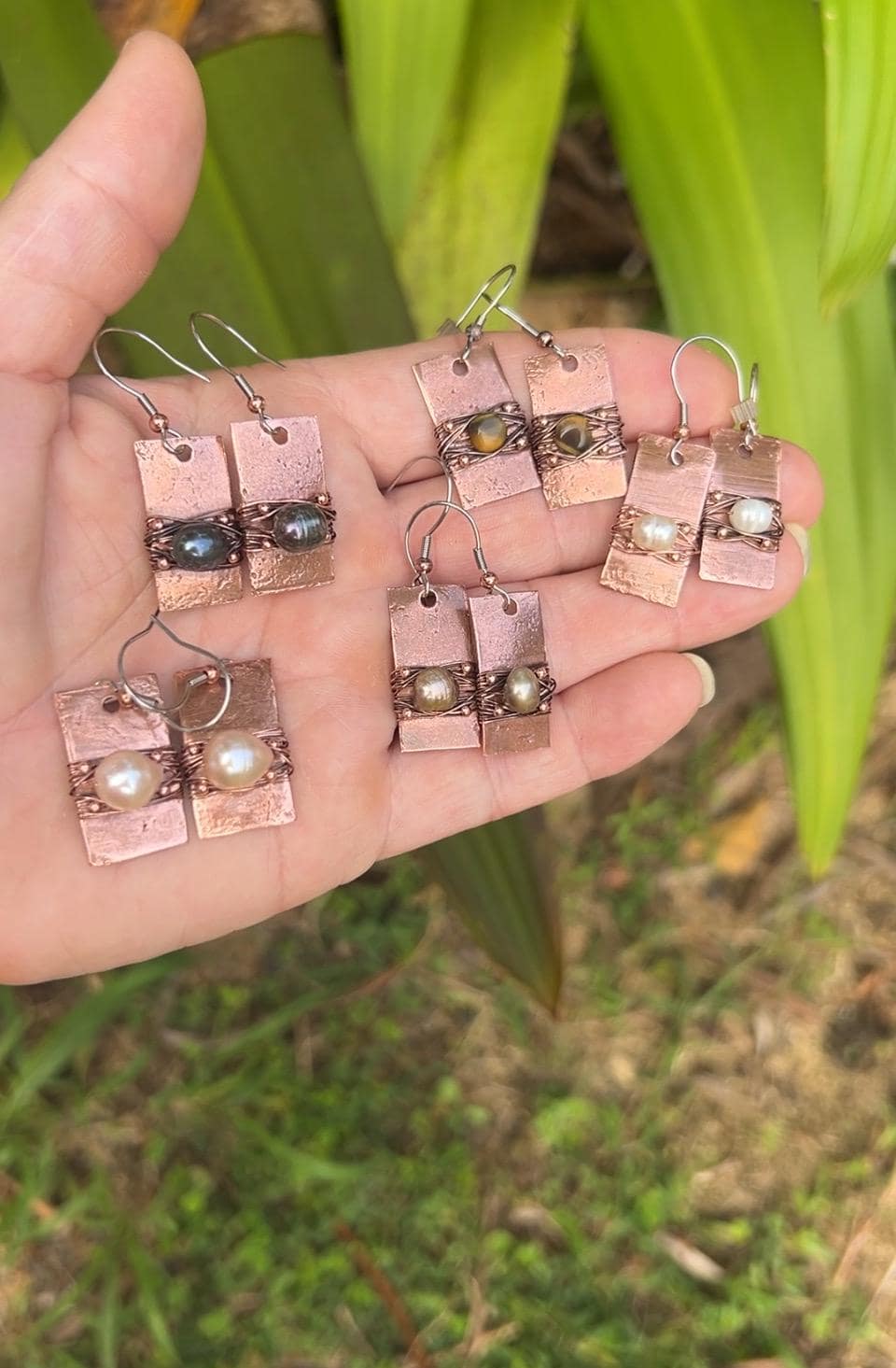Copper and pearls earrings, rectangle earrings, freshwater pearl…