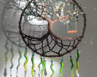 Beaded 3D copper Tree of Life Suncatcher, whimsical tree art, crystal light catcher, housewarming gift