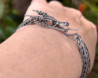 viking knit dragon bracelet, medieval jewelry, sterling silver dragon, renaissance chain