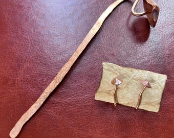 Upcycled Copper Mushroom Set: Stud Earrings & Bookmark