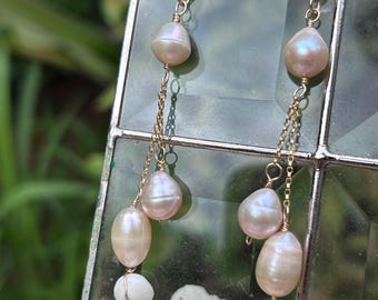 Kauai Puka Shell Pearl Earrings: 14k Gold Filled Dangles