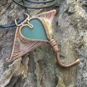 Sea glass heart, wrapped sea glass, beach glass jewelry, hawaiian seaglass, recycled copper, Kauai made, wire wrapped manta ray