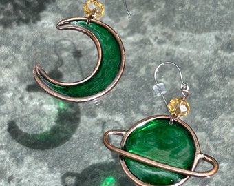 Celestial earring set, copper jewelry, crescent moon