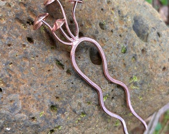 Upcycled copper Mushroom hairpin, solid copper hair accessories