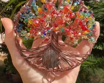 Rainbow Crystal Tree Suncatcher: Upcycled Copper Wire Art